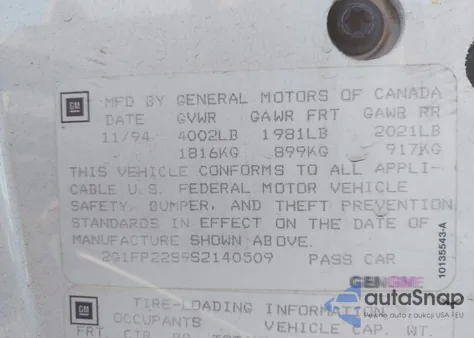 1995 Chevrolet Camaro z USA, uszkodzony, nr VIN 2G1FP22S9S2140509